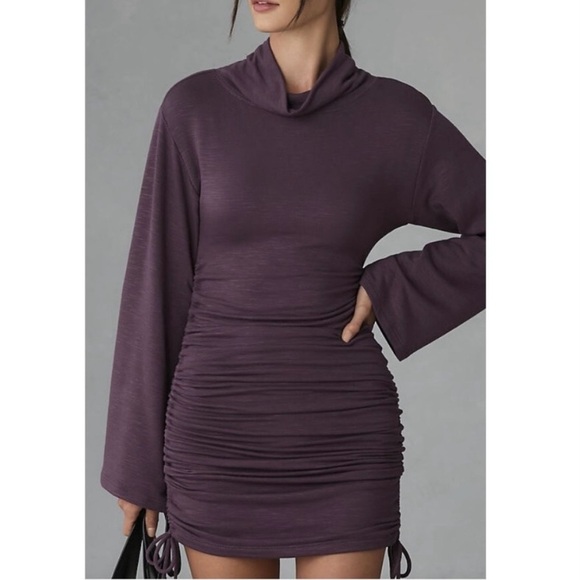 DAILY PRACTICE Anthropologie ☆ Long-Sleeve Ruched Mini Dress in Plum - Picture 2 of 9